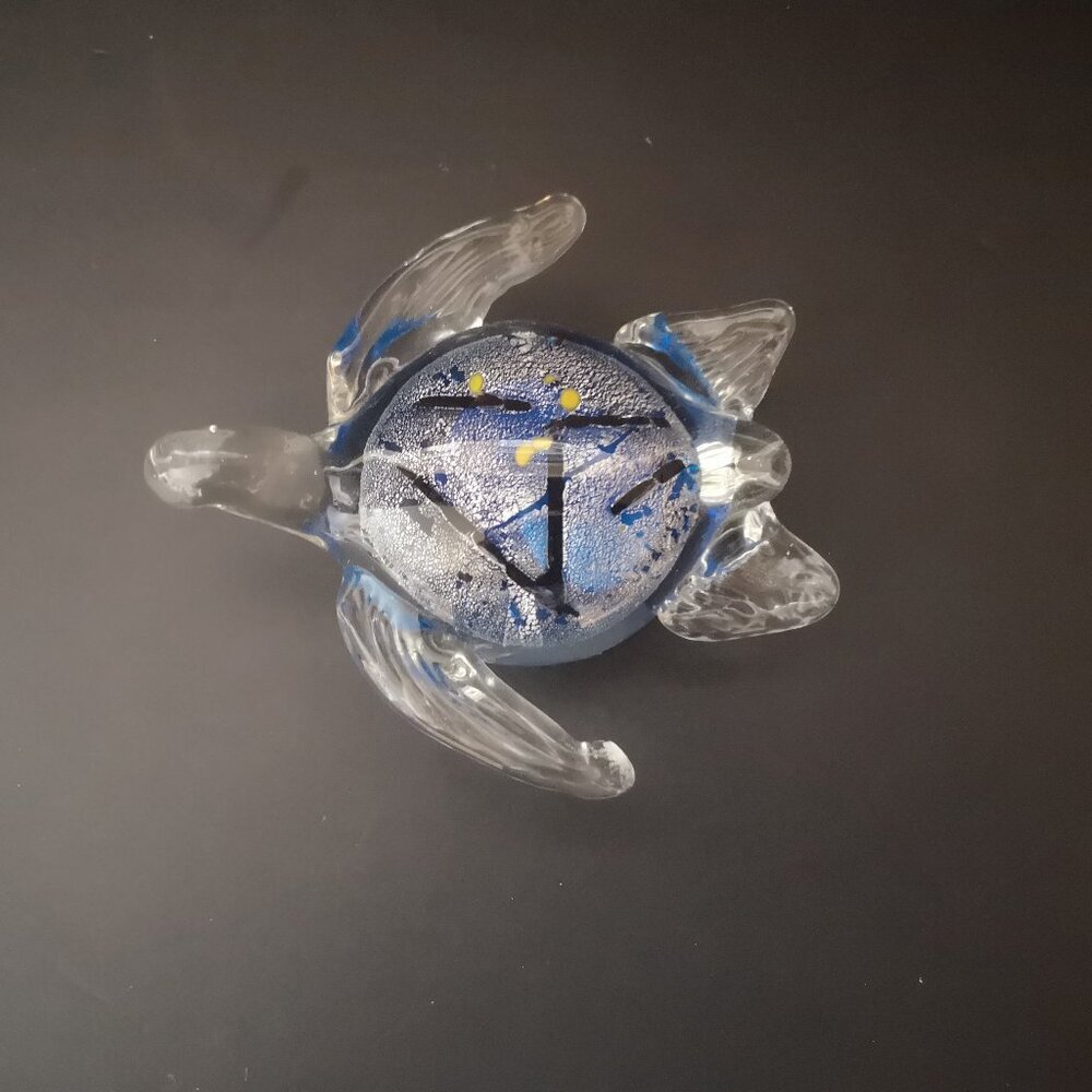 VTG Art Glass Sea Turtle Paperweight Clear w/ Blue Silver & Black Colors 4 1/2"